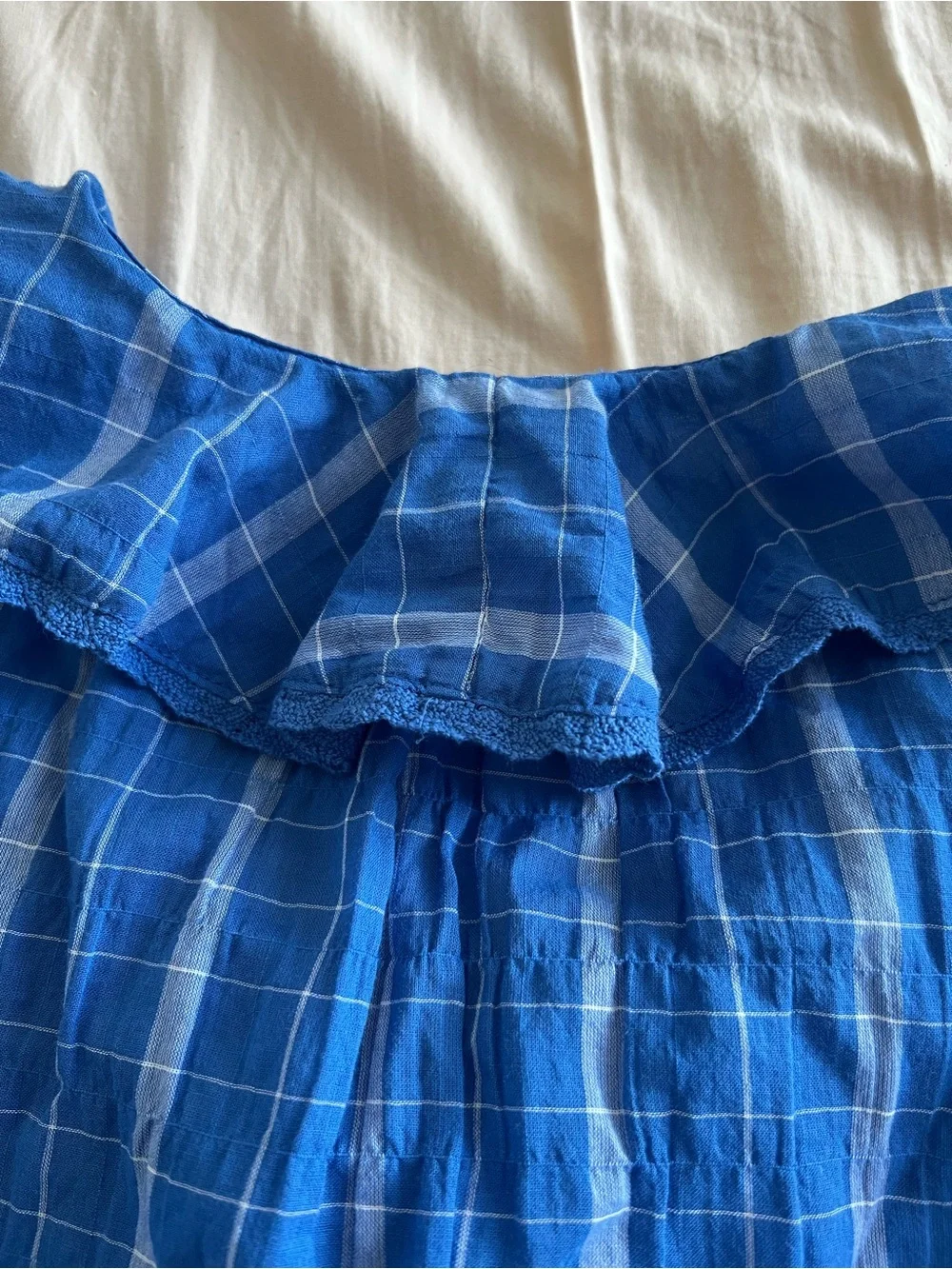 Madewell Blue Plaid Ruffle V-Neck Blouse